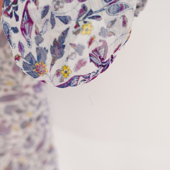 LC Lauren Conrad White Purple Blue Floral Sheer Scoop Neck Blouse Capped Large L - Picture 3 of 12